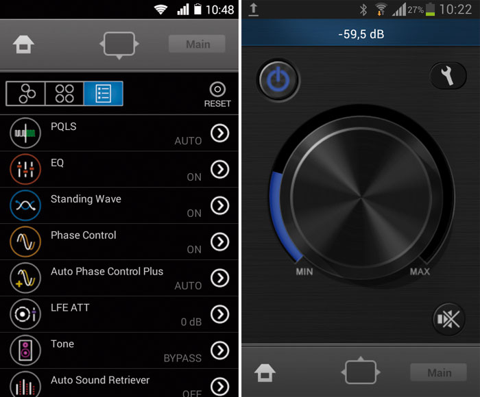 Die Klangfilter (links) des Pioneer SC-LX89 kann man auch über die Smartphone App „iControl AV5“ einstellen, der virtuelle Lautstärkeregler (rechts) lässt sich besonders feinfühlig bedienen.