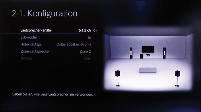 Boxen-Layout: Es sind 7.2- bzw. 5.2.2-Setups möglich, Dolby Speaker kann man vorn oder hinten platzieren.