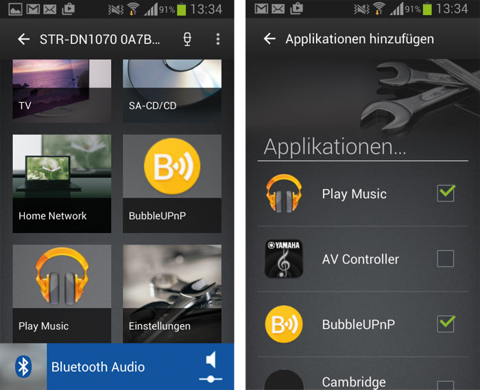 Die SongPal-App für Android- und Apple-Smartphones besticht durch hübsche Optik und funktioniert tadellos. Über die „Applikationen hinzufügen“-Option kann man sogar Fremdsoftware in die App einbinden.
