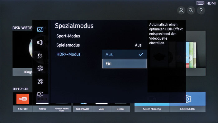 Der Modus HDR+ lässt sich über das Bild­menü aktivieren. Er ist mit der maximalen Backlight-Stufe sowie dem erweiterten Farbraum „Nativ“ verknüpft.