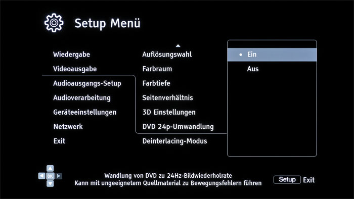 DVD 24p-Umwandlung: Die Schaltung ist standardmäßig aktiv und eliminiert das Ruckeln von NTSC-Discs.
