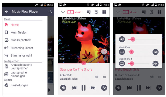 Der Bluetooth/WLAN-Lautsprecher wird über eine hübsche Smartphone-App bedient. Links zu sehen ist das Hauptmenü. Das mittlere Bild zeigt den Musik-Player, mit dem sich die auf dem Telefon gespeicherten Songs wiedergaben lassen. Zwei Boxen lassen sich zu einem Stereo-System gruppieren (rechts). 